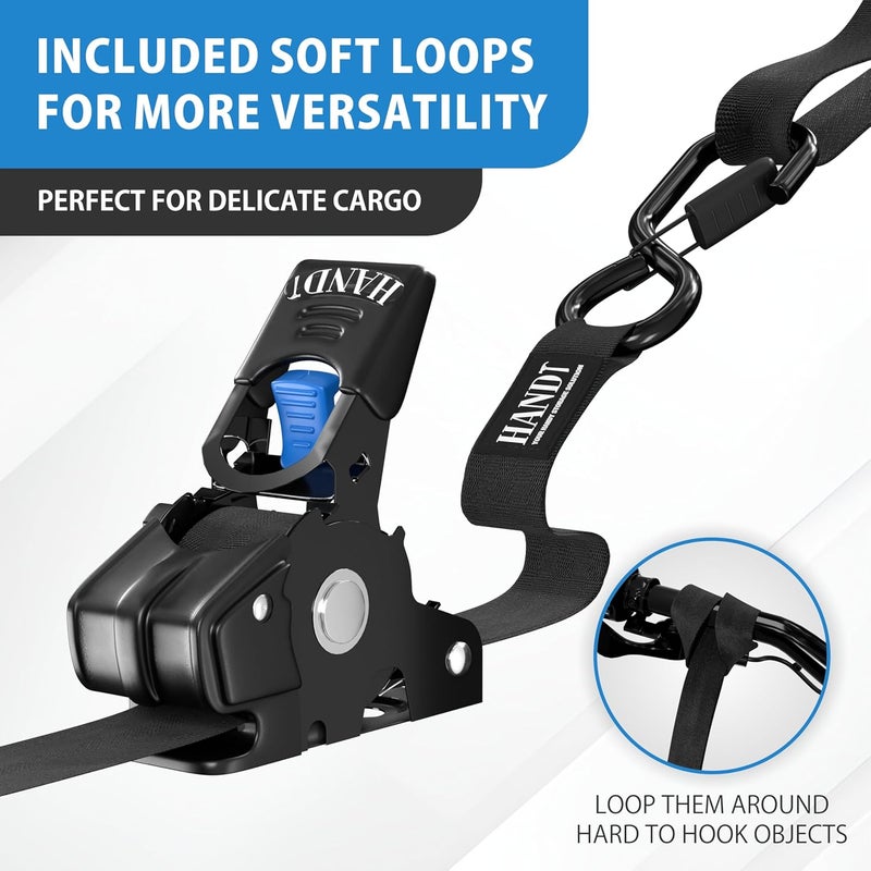 HANDT USA Based Retractable Ratchet Straps (2PK) 1in x 6ft - 1,500lb Break Strength, Heavy Duty Automatic Ratchet Straps Self Retractable Tie Down, Push Button Retracting Truck Trailer Cargo | Black - Image 5